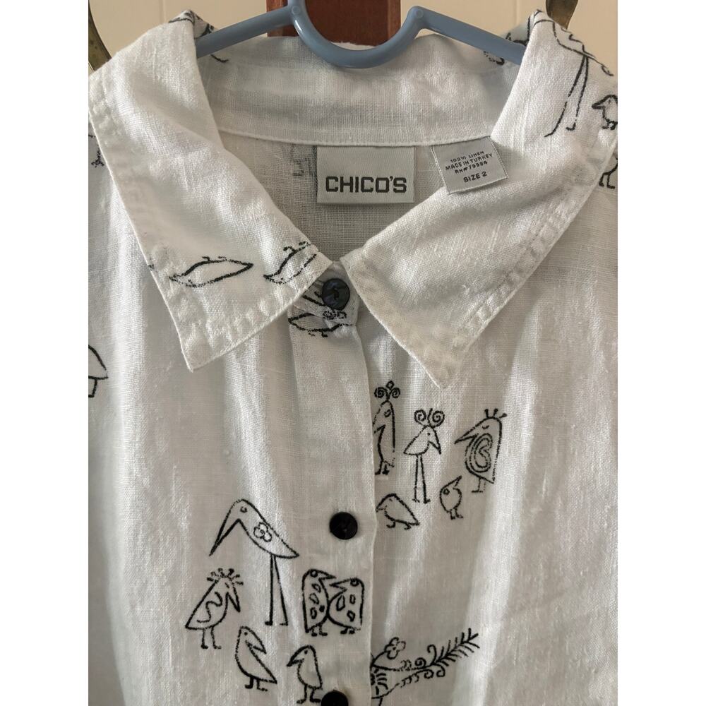 Chico’s White Button Up w/black line Drawings Size 2 - Picture 2 of 5